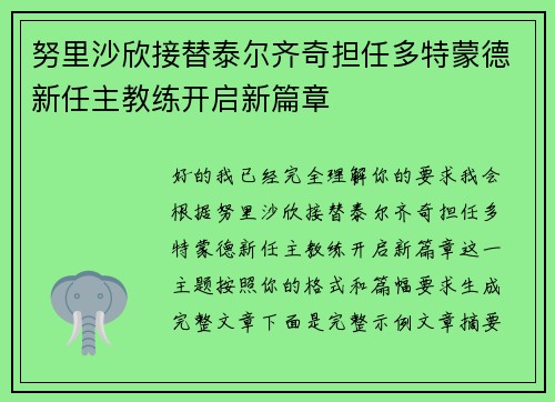 努里沙欣接替泰尔齐奇担任多特蒙德新任主教练开启新篇章